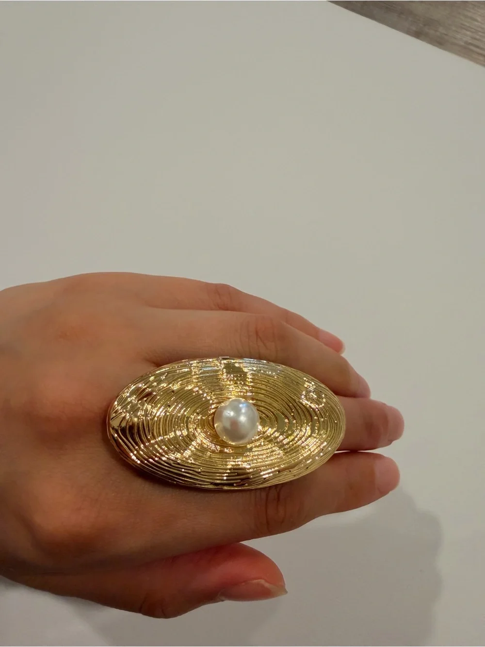 Gold Oval Textured Ring with Pearl Accent